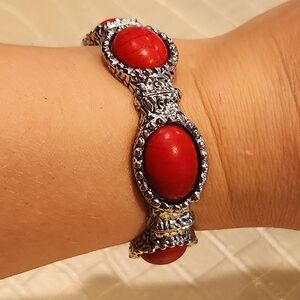 Braslet Boho Retro Oval Plum Red Turquoise Stone Elastic  Bohemian Hand Jewelry
